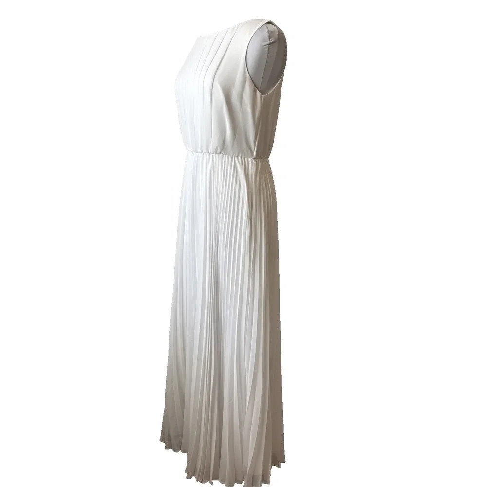 WHBM Old Money Coastal‎ White Pleated Chiffon Maxi Dress 10 Wedding Beach Chic